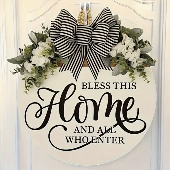 Wooden Hanging Wreath Bless This Home And All Who Enter Front Door Decor 11.8" - Picture 4 of 4